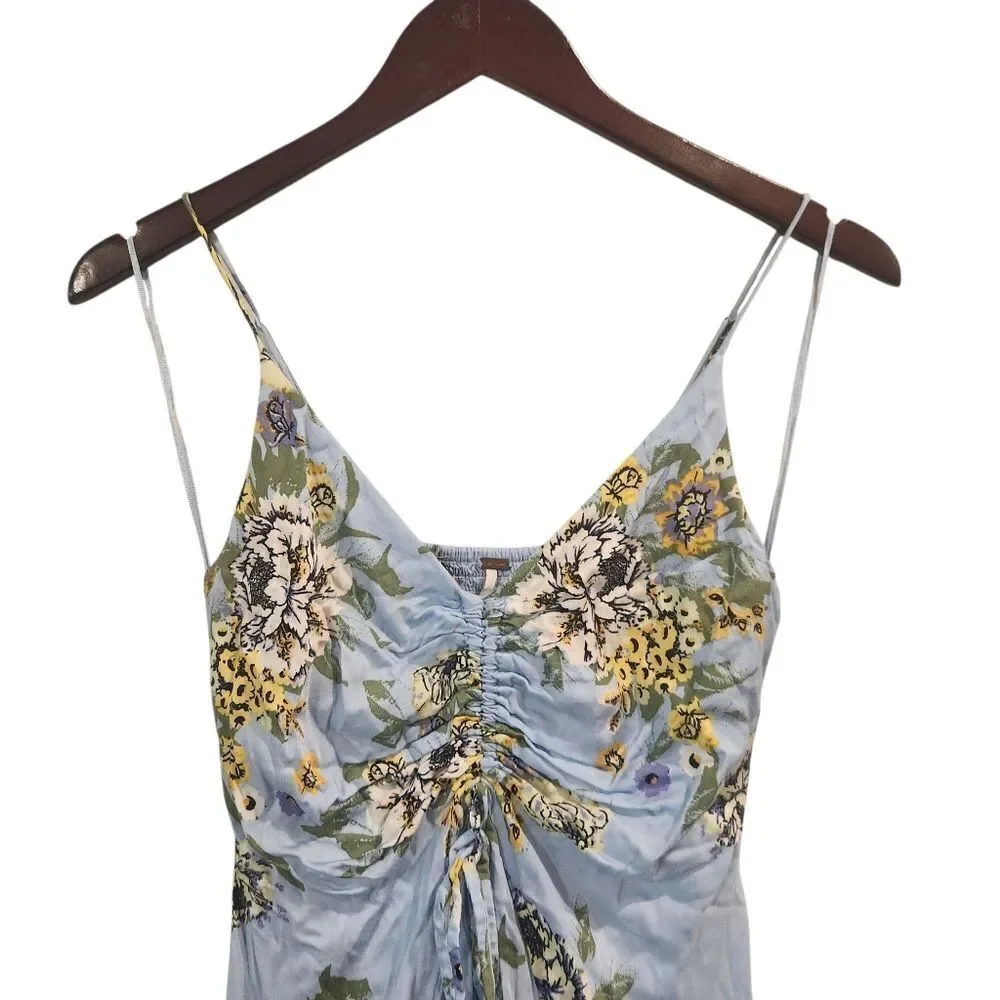 Free People Happy Heart Ruched Blue Floral Dress XS Blue Yellow